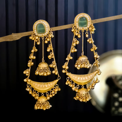 Nitanshi Kashmiri Brass Dejhoor Ghungroo Jhumka Earrings - Pastel Green