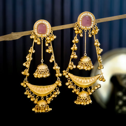 Nitanshi Kashmiri Brass Dejhoor Ghungroo Jhumka Earrings - Pastel Pink