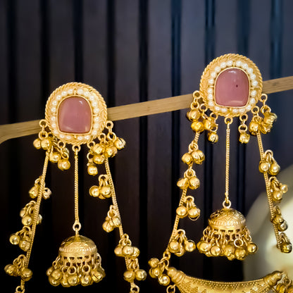 Nitanshi Kashmiri Brass Dejhoor Ghungroo Jhumka Earrings - Pastel Pink