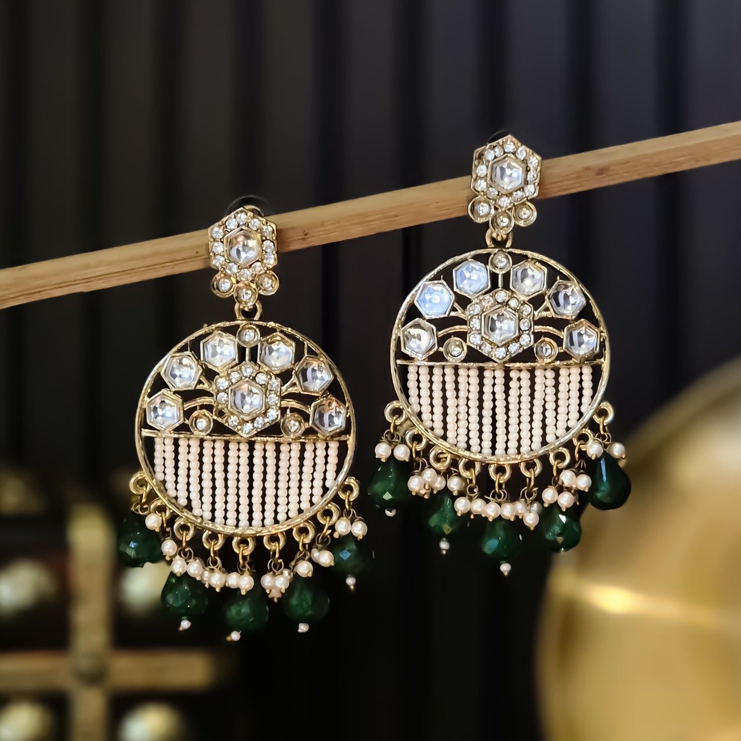 Adah Pearl Kundan Chandbali Earrings - Green