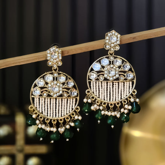 Adah Pearl Kundan Chandbali Earrings - Green