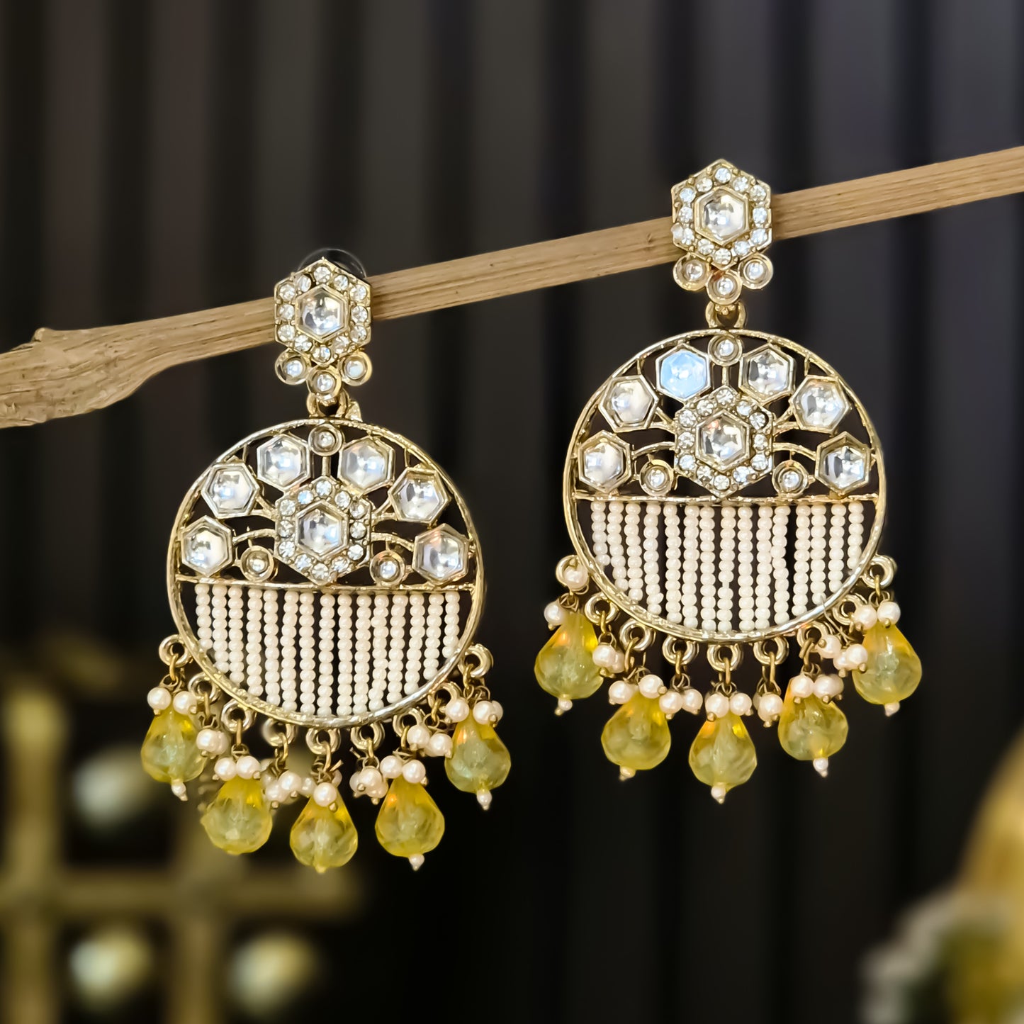 Adah Pearl Kundan Chandbali Earrings - Yellow