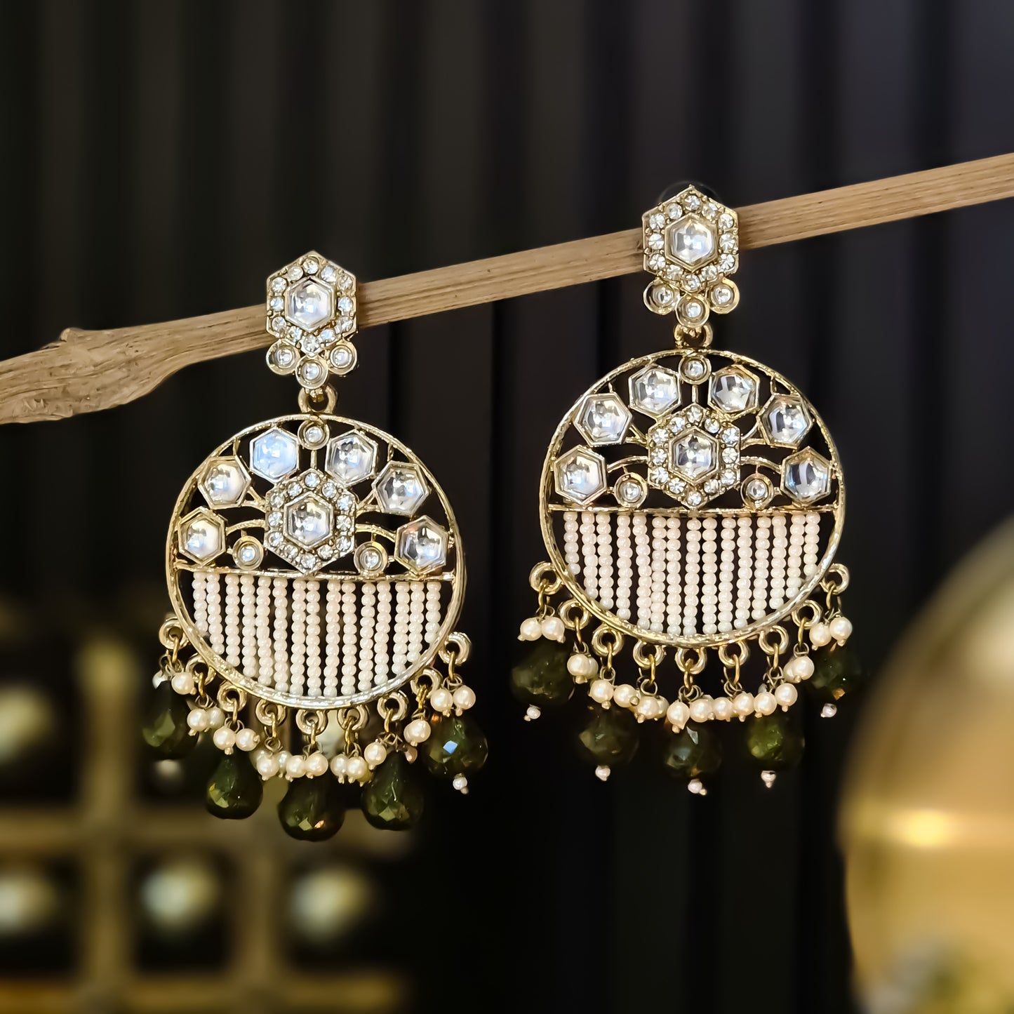 Adah Pearl Kundan Chandbali Earrings - Mehendi Green