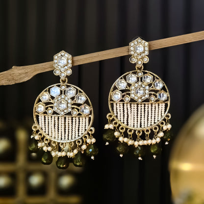 Adah Pearl Kundan Chandbali Earrings - Mehendi Green