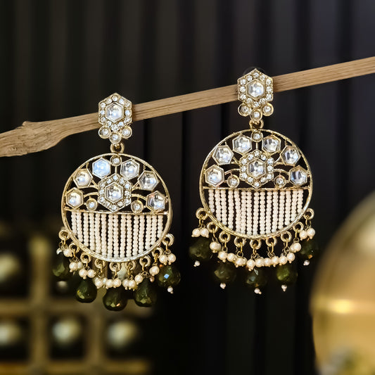 Adah Pearl Kundan Chandbali Earrings - Mehendi Green