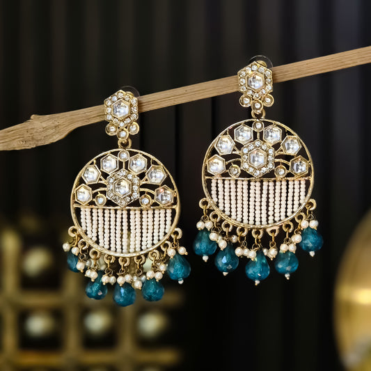 Adah Pearl Kundan Chandbali Earrings - Peacock Blue