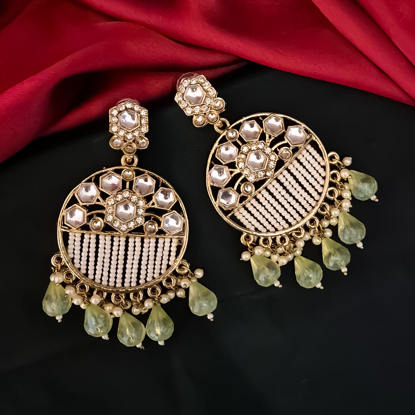 Adah Pearl Kundan Chandbali Earrings - Pista Green