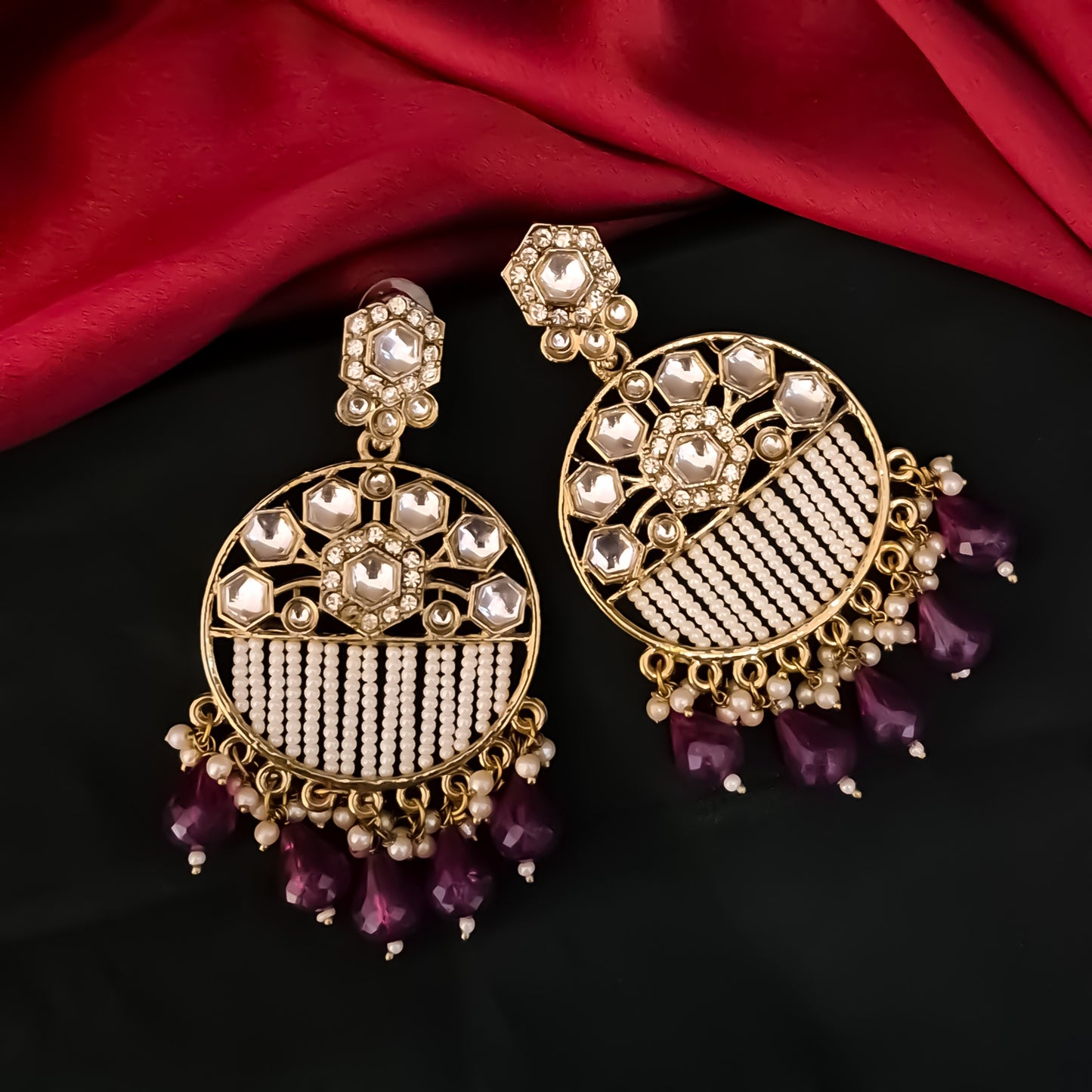 Adah Pearl Kundan Chandbali Earrings - Purple