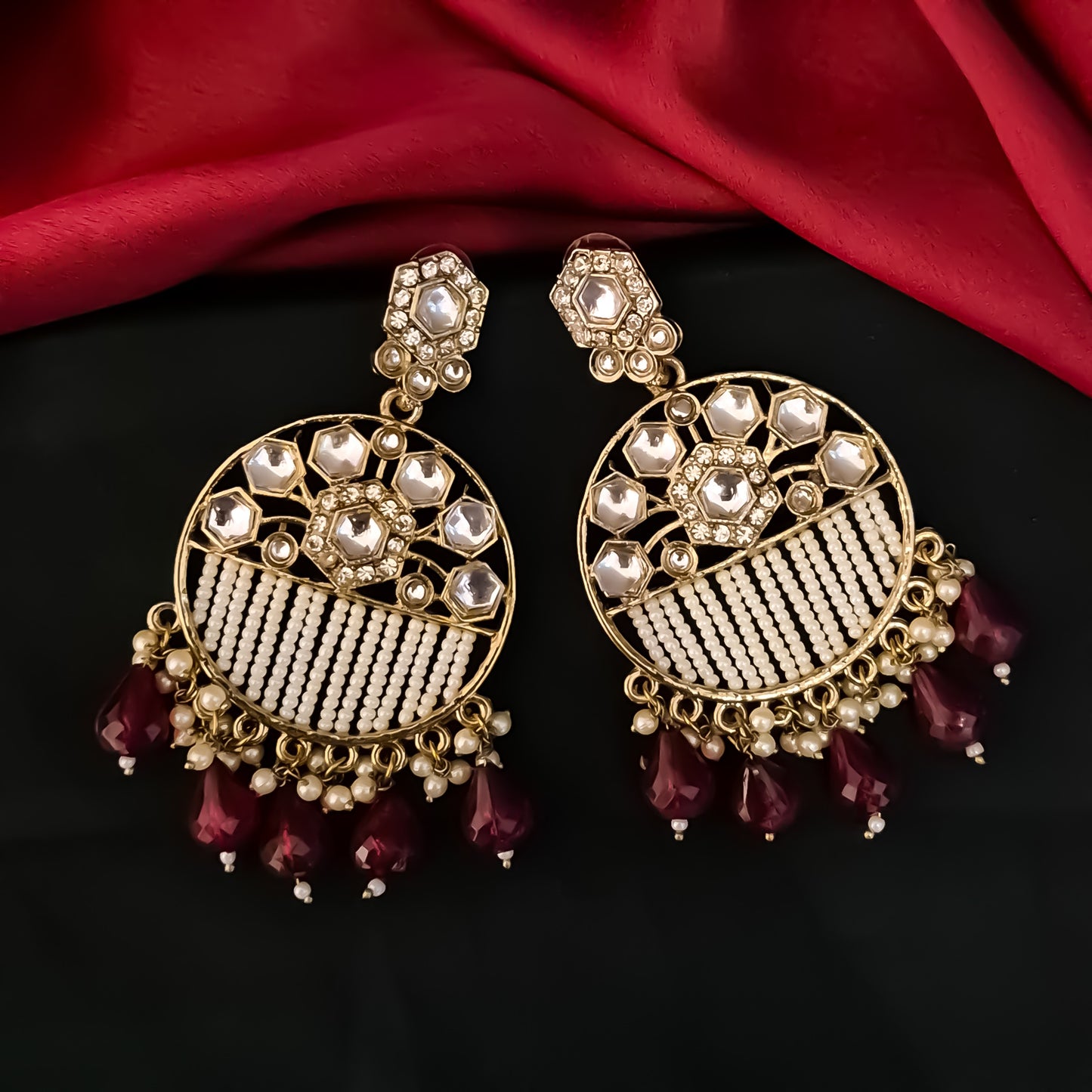 Adah Pearl Kundan Chandbali Earrings - Maroon