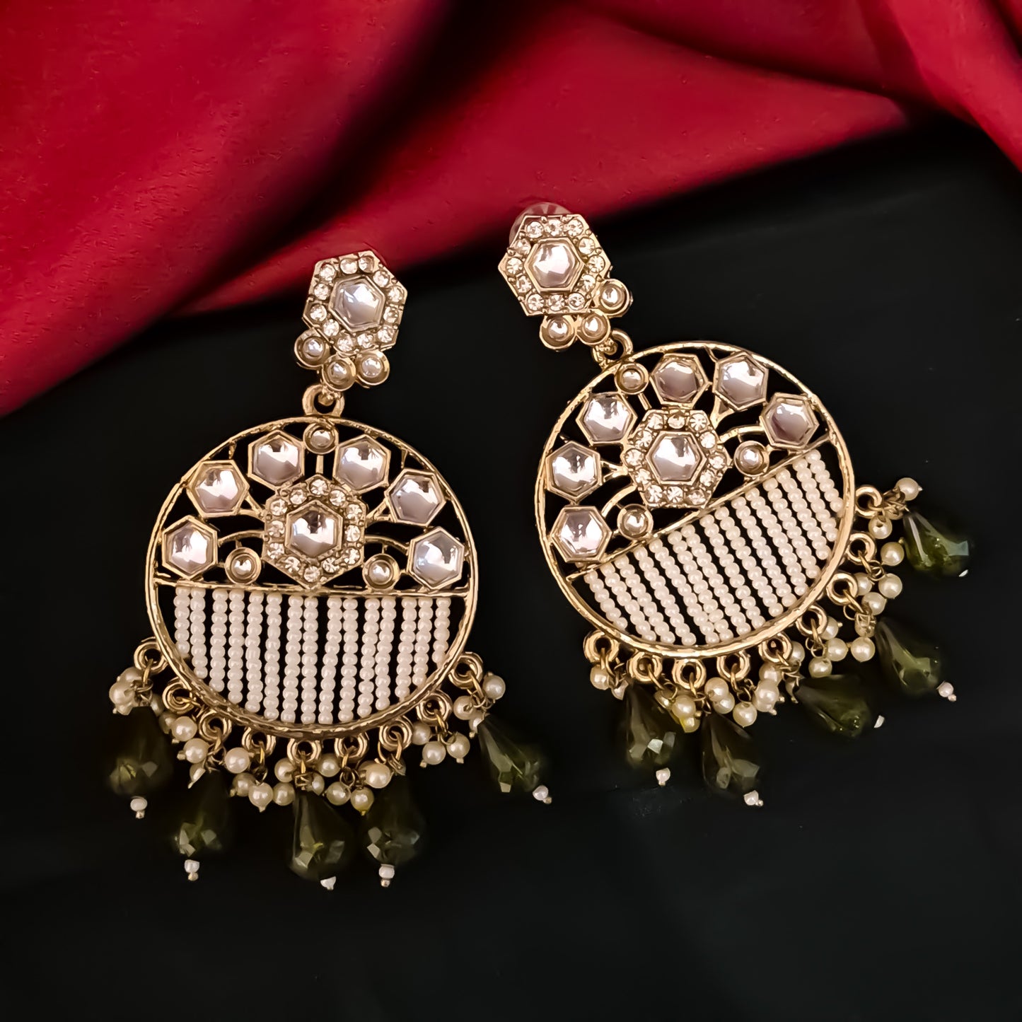 Adah Pearl Kundan Chandbali Earrings - Mehendi Green