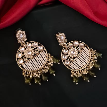 Adah Pearl Kundan Chandbali Earrings - Mehendi Green
