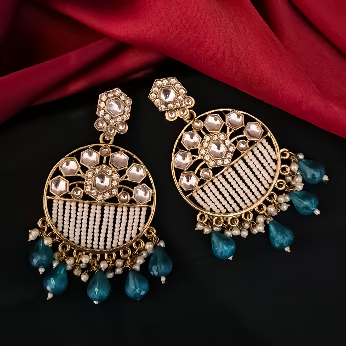 Adah Pearl Kundan Chandbali Earrings - Peacock Blue