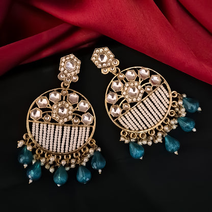 Adah Pearl Kundan Chandbali Earrings - Peacock Blue