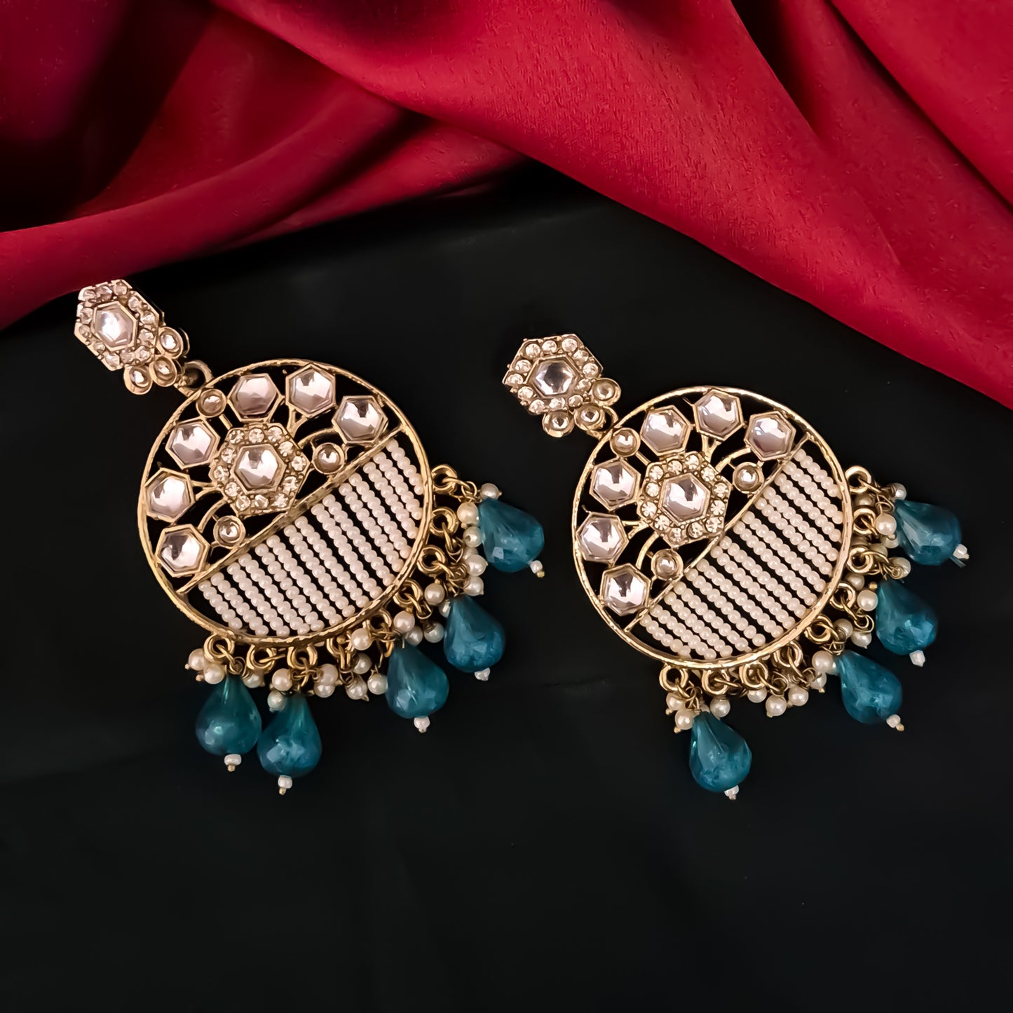 Adah Pearl Kundan Chandbali Earrings - Peacock Blue