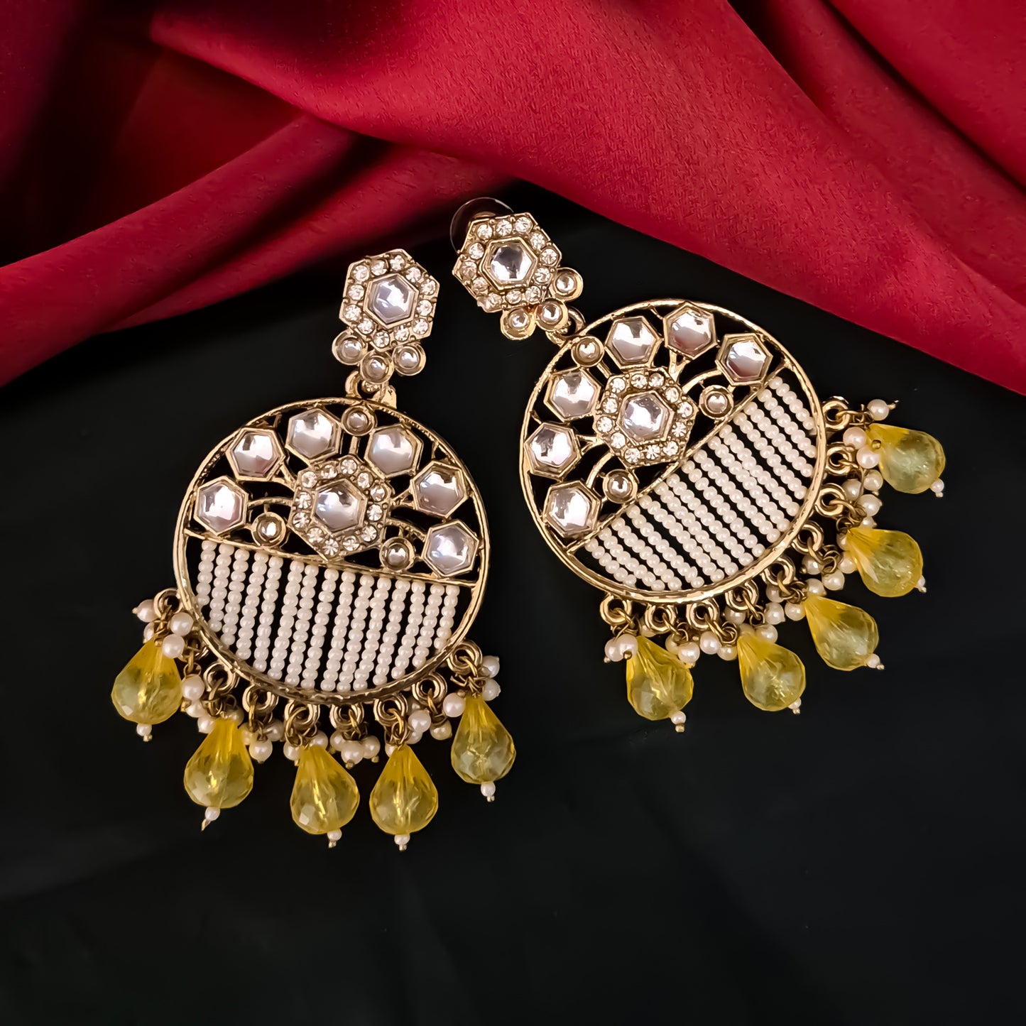 Adah Pearl Kundan Chandbali Earrings - Yellow