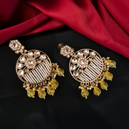 Adah Pearl Kundan Chandbali Earrings - Yellow