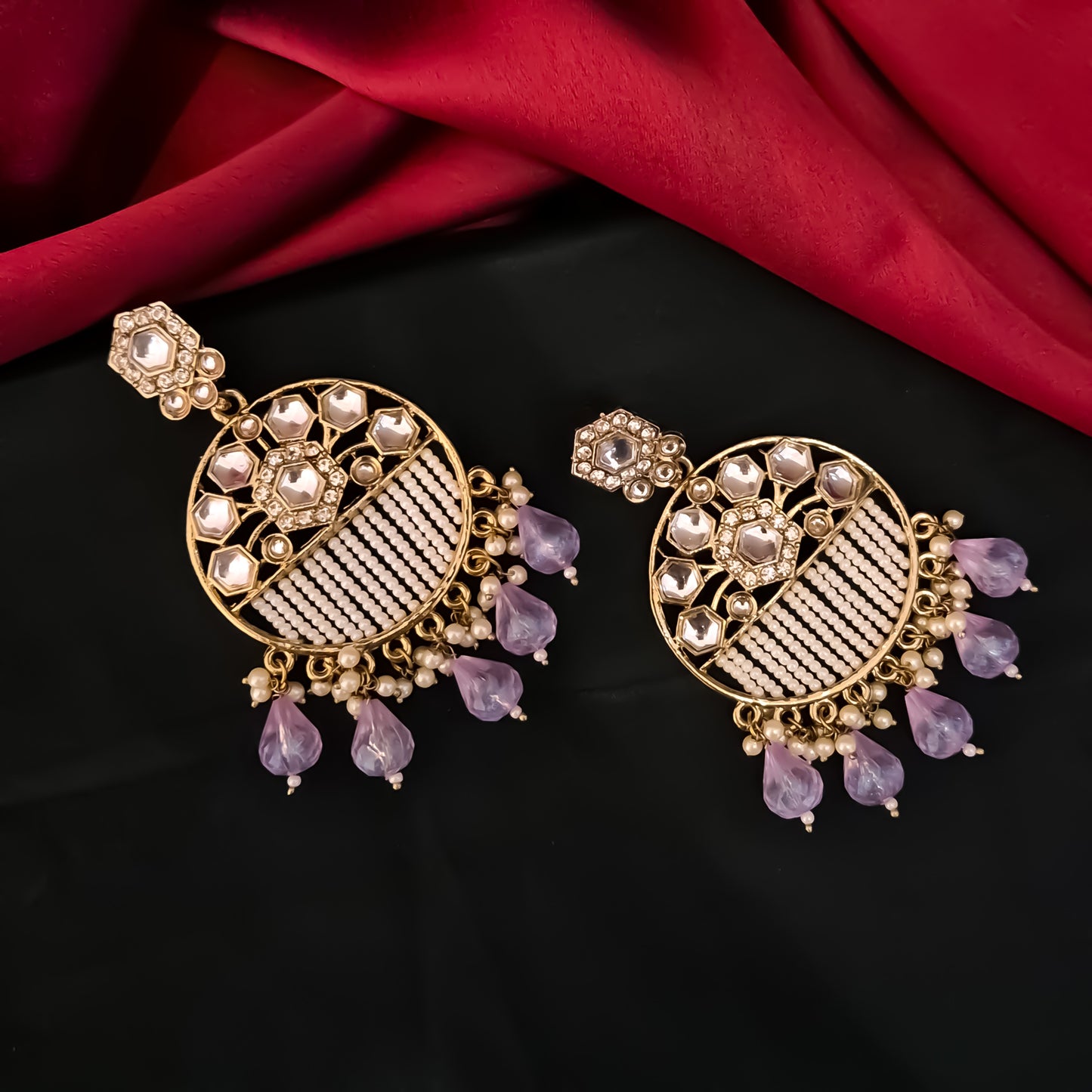 Adah Pearl Kundan Chandbali Earrings - Lavender