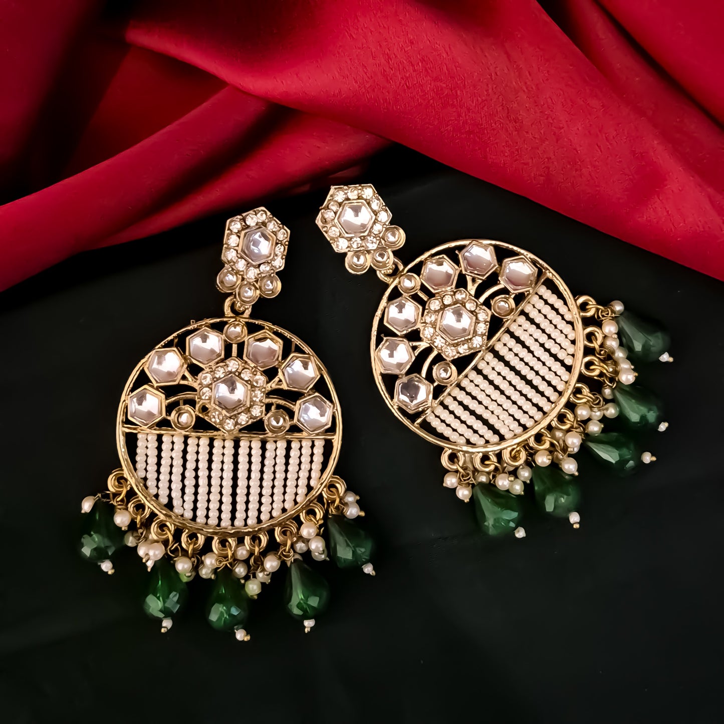 Adah Pearl Kundan Chandbali Earrings - Green