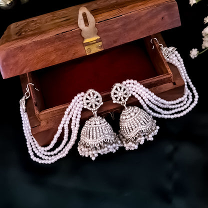 Sabrina Rhodium Reverse AD Jhumka Earrings with Earchain - Silver