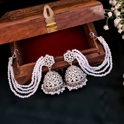 Rihana Rhodium Reverse AD Jhumka Earrings with Earchain - Silver