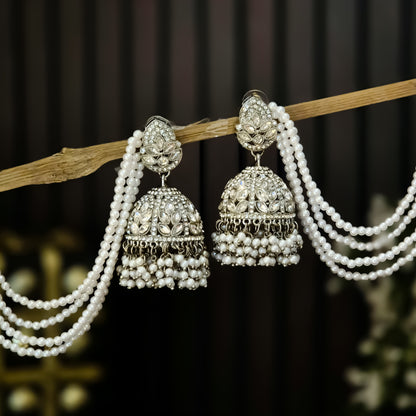 Kareena Rhodium Reverse AD Jhumka Earrings with Earchain - Silver