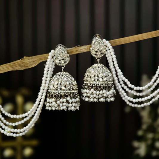 Kareena Rhodium Reverse AD Jhumka Earrings with Earchain - Silver