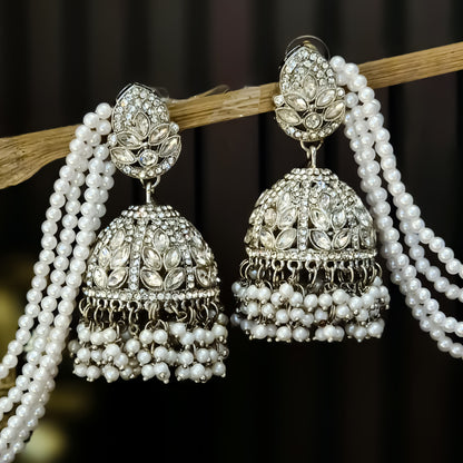 Kareena Rhodium Reverse AD Jhumka Earrings with Earchain - Silver