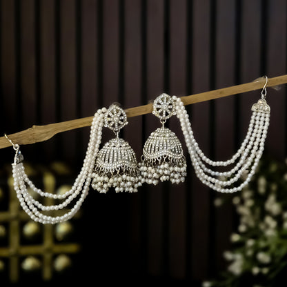 Sabrina Rhodium Reverse AD Jhumka Earrings with Earchain - Silver