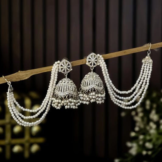 Sabrina Rhodium Reverse AD Jhumka Earrings with Earchain - Silver