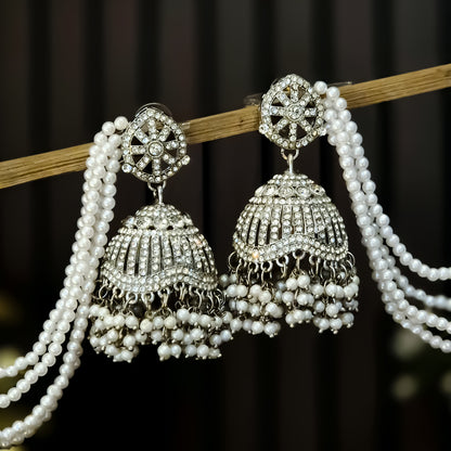 Sabrina Rhodium Reverse AD Jhumka Earrings with Earchain - Silver