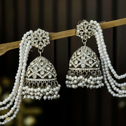 Rihana Rhodium Reverse AD Jhumka Earrings with Earchain - Silver