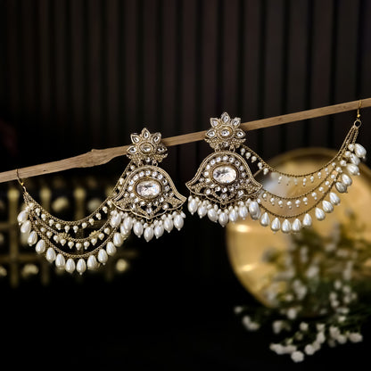 Harshita Pearl Kundan Chandbali Earrings with Sahara and Teeka Set - Golden