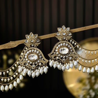 Harshita Pearl Kundan Chandbali Earrings with Sahara and Teeka Set - Golden
