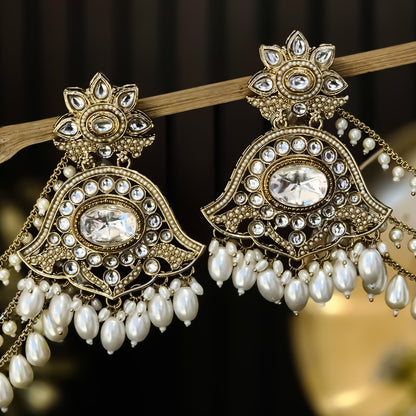 Harshita Pearl Kundan Chandbali Earrings with Detachable Sahara/Earchains and Teeka Set - Golden