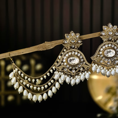 Harshita Pearl Kundan Chandbali Earrings with Sahara and Teeka Set - Golden