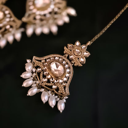 Harshita Pearl Kundan Chandbali Earrings with Detachable Sahara/Earchains and Teeka Set - Golden