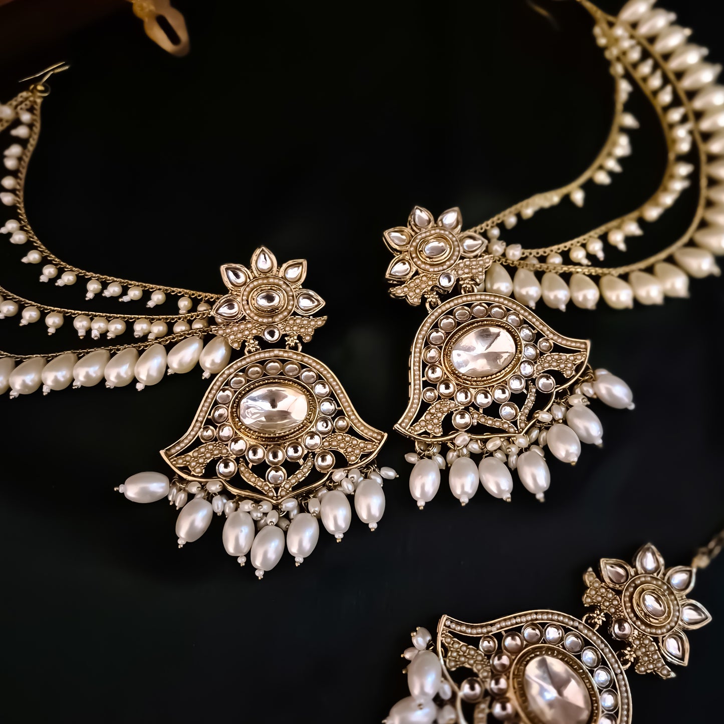 Harshita Pearl Kundan Chandbali Earrings with Sahara and Teeka Set - Golden