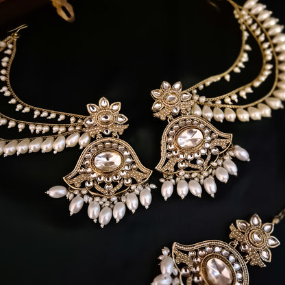 Harshita Pearl Kundan Chandbali Earrings with Sahara and Teeka Set - Golden
