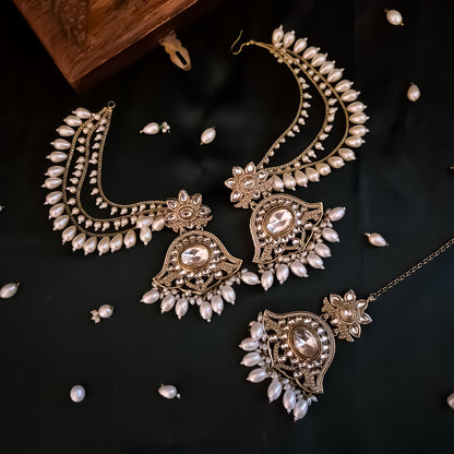 Harshita Pearl Kundan Chandbali Earrings with Sahara and Teeka Set - Golden