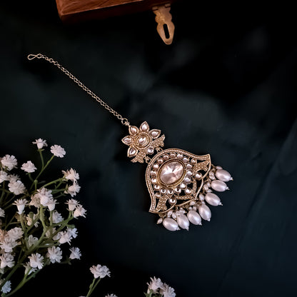 Harshita Pearl Kundan Chandbali Earrings with Sahara and Teeka Set - Golden