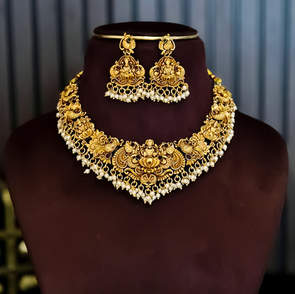 Shriya Lakshmi Temple Motif Necklace Set - Golden
