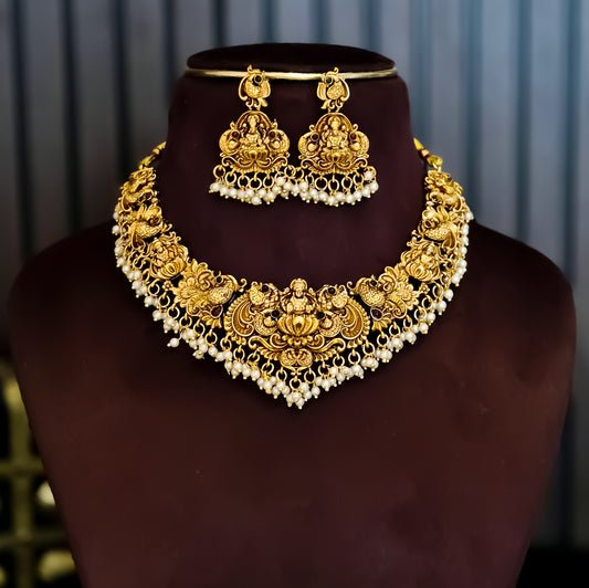 Shriya Lakshmi Temple Motif Necklace Set - Golden