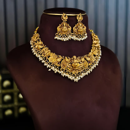 Shriya Lakshmi Temple Motif Necklace Set - Golden