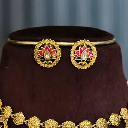 Indira Lotus Temple Motif Necklace Set - Maroon & Green