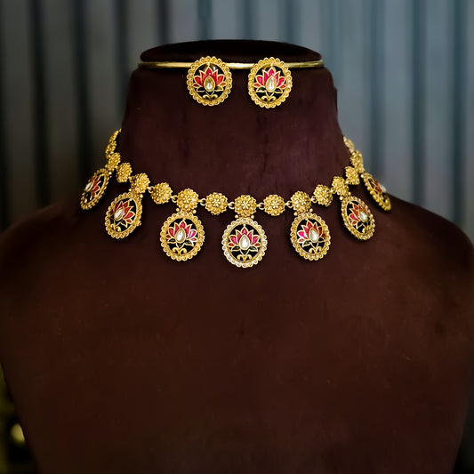 Indira Lotus Temple Motif Necklace Set - Maroon & Green