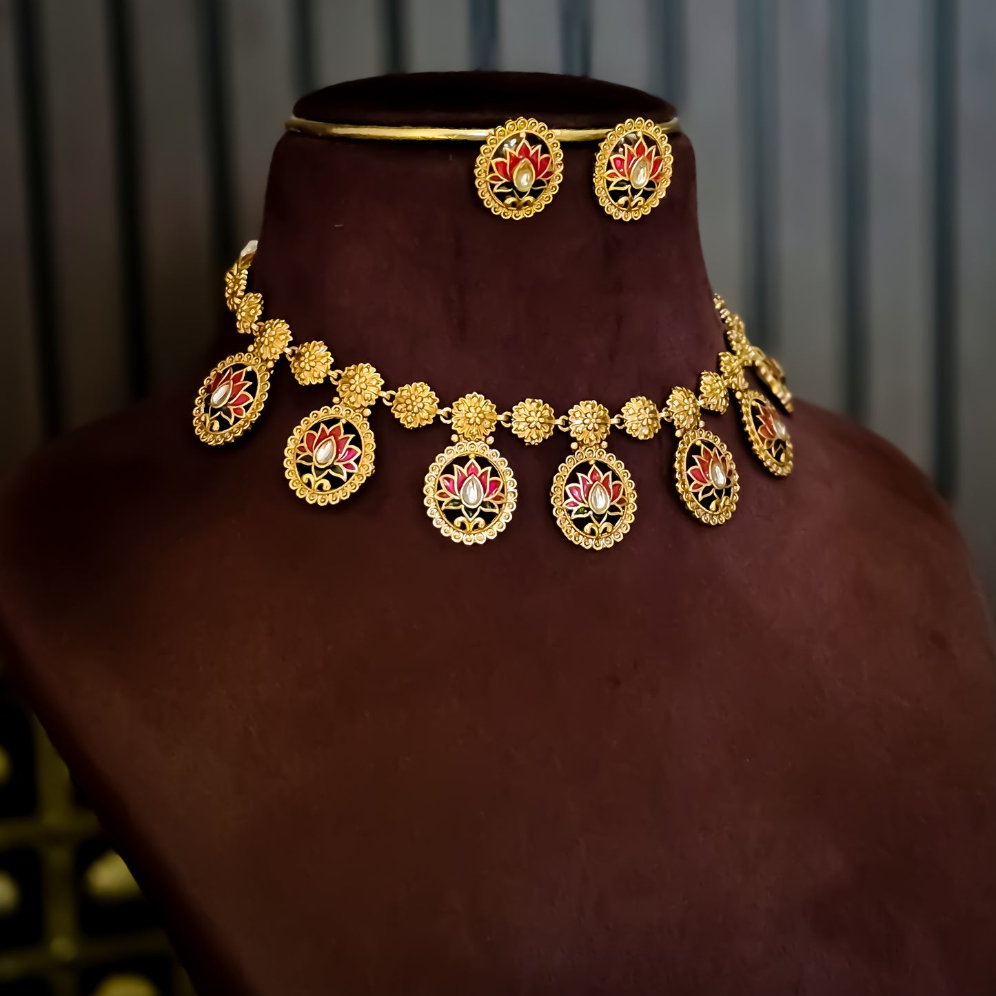 Indira Lotus Temple Motif Necklace Set - Maroon & Green