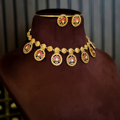 Indira Lotus Temple Motif Necklace Set - Maroon & Green