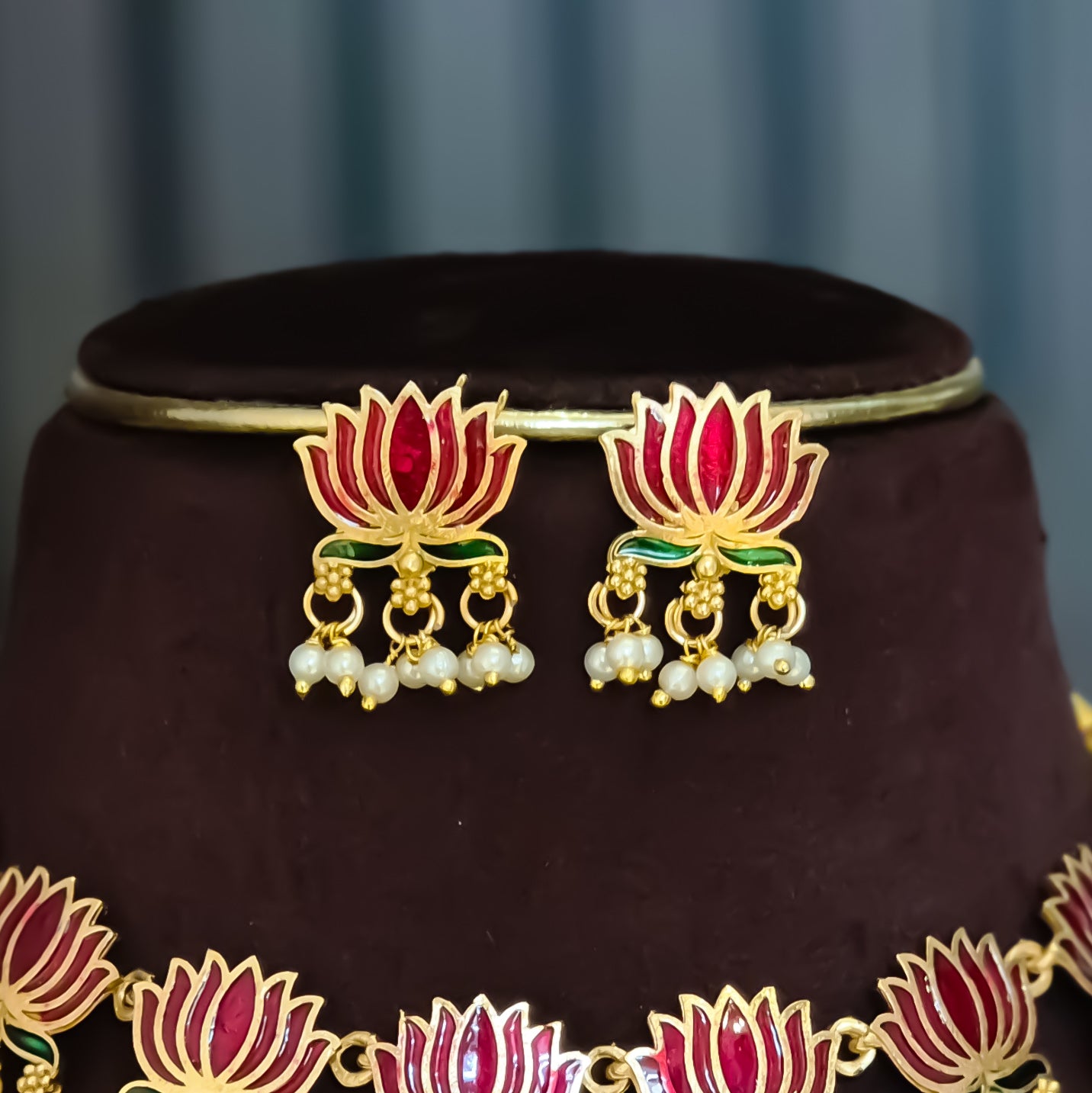 Nalini  Lotus Temple Motif Necklace Set - Maroon & Green