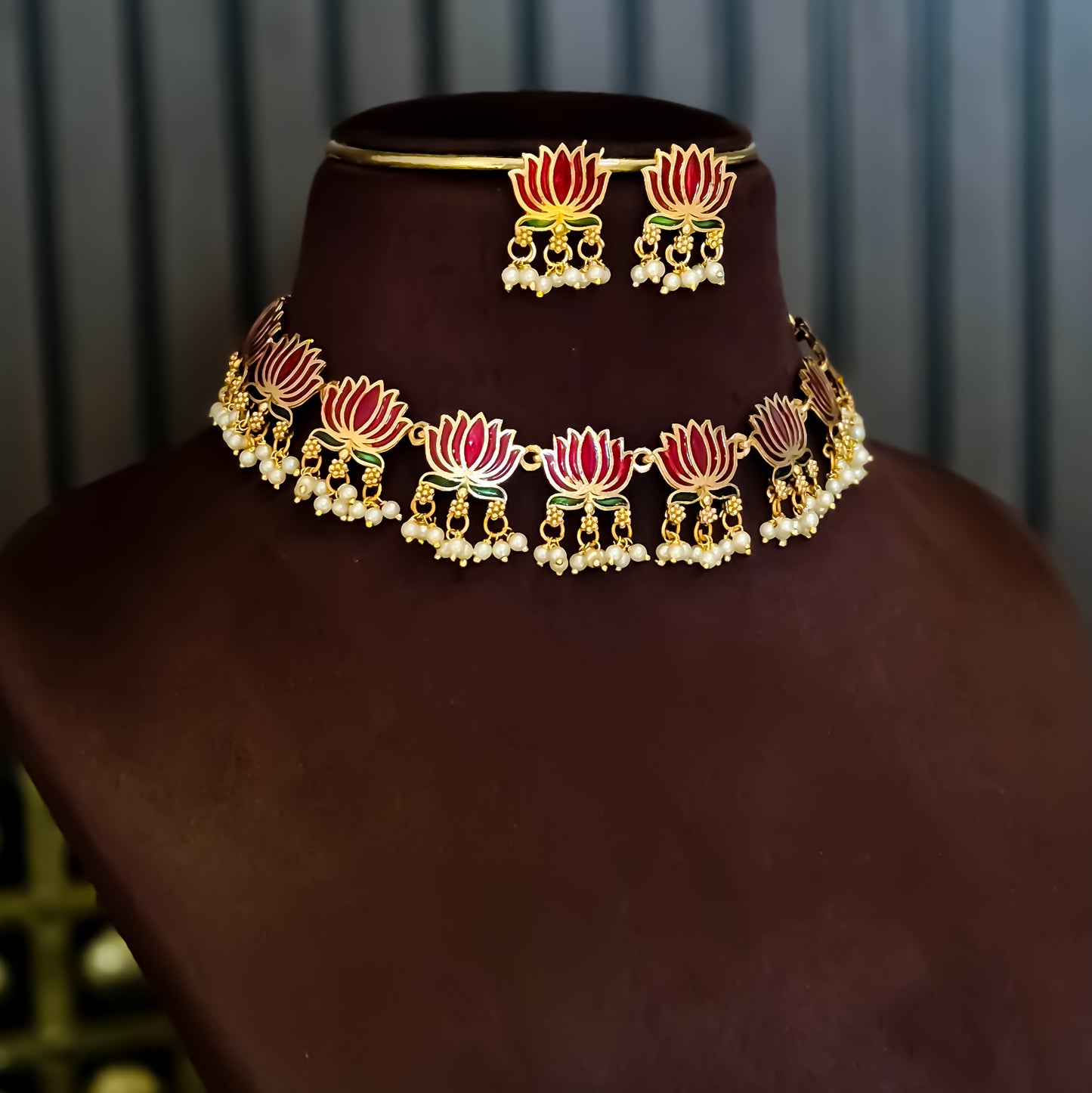 Nalini  Lotus Temple Motif Necklace Set - Maroon & Green