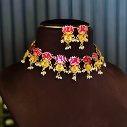 Ambuja Lotus Lakshmi Coin Temple Motif Necklace Set - Pink